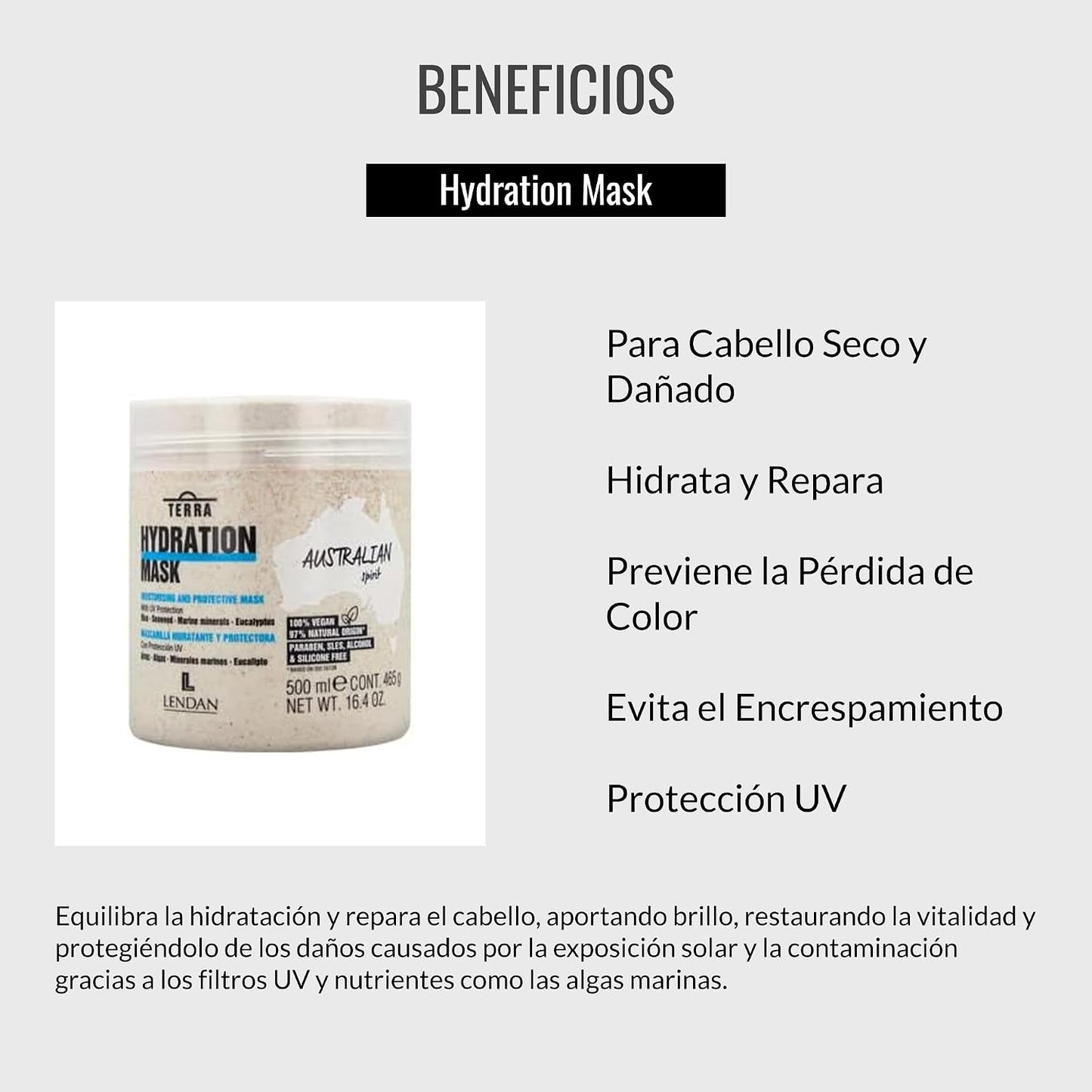LENDAN - Terra Hydration Mask Mascarilla Hidratante con Filtro UV, Algas y Arroz 500 ml - Protege del Sol y Prolonga el Color - Cabello Seco y Dañado