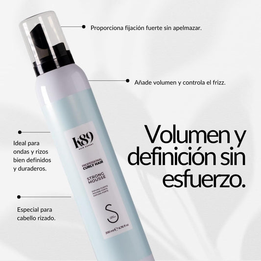 K89 - Professional Curly Hair Mousse Strong Espuma de Fijación Fuerte 200 ml - Define y Da Volumen sin Apelmazar - Sin Alcohol, Apta Método Curly
