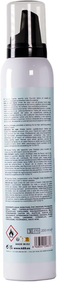 K89 - Professional Curly Hair Mousse Strong Espuma de Fijación Fuerte 200ml - Define y Da Volumen sin Apelmazar - Sin Alcohol, Apta Método Curly