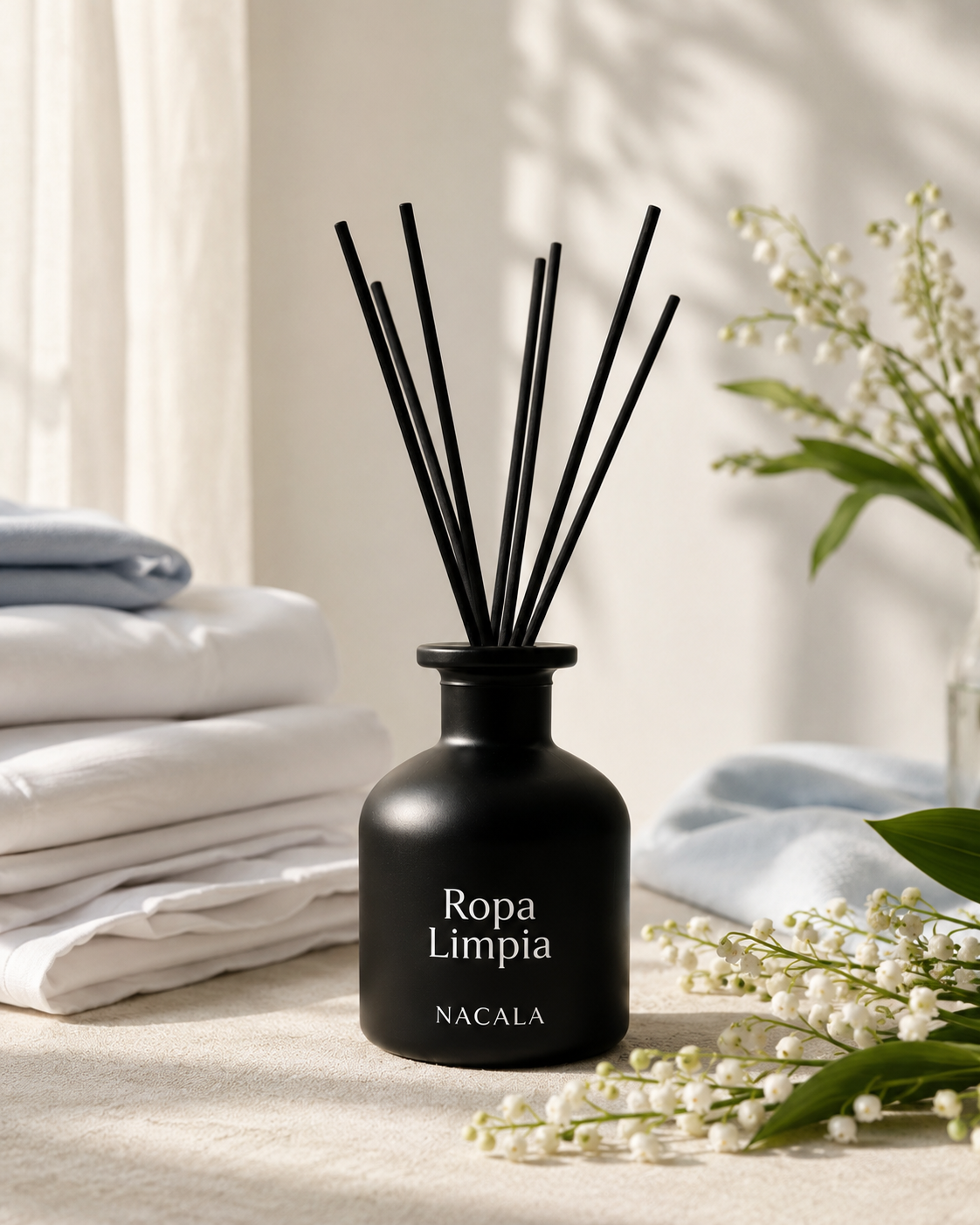 Ambientador Mikado Ropa Limpia NACALA 150ml | Varillas de ratán para dormitorio, armario y baño | Aroma a ropa recién lavada, 1-2 meses