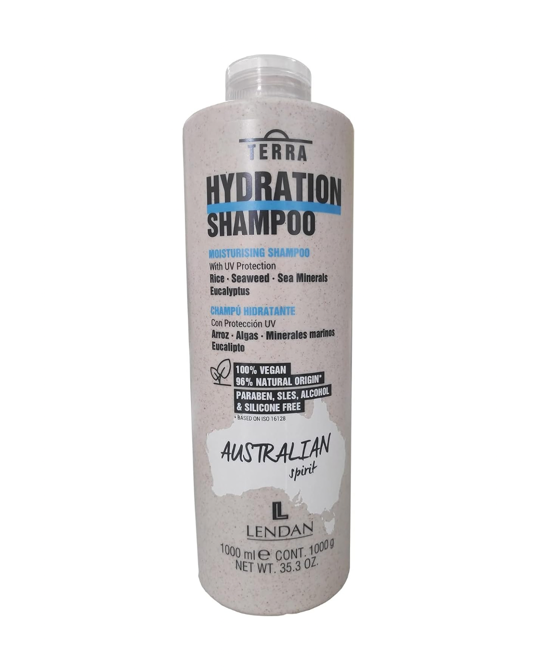 LENDAN - Terra Hydration Shampoo Champú Hidratante con Protección UV 1000 ml - Cabellos Secos y Encrespados - con Algas, Arroz y Minerales Marinos - Repara y Protege del Sol