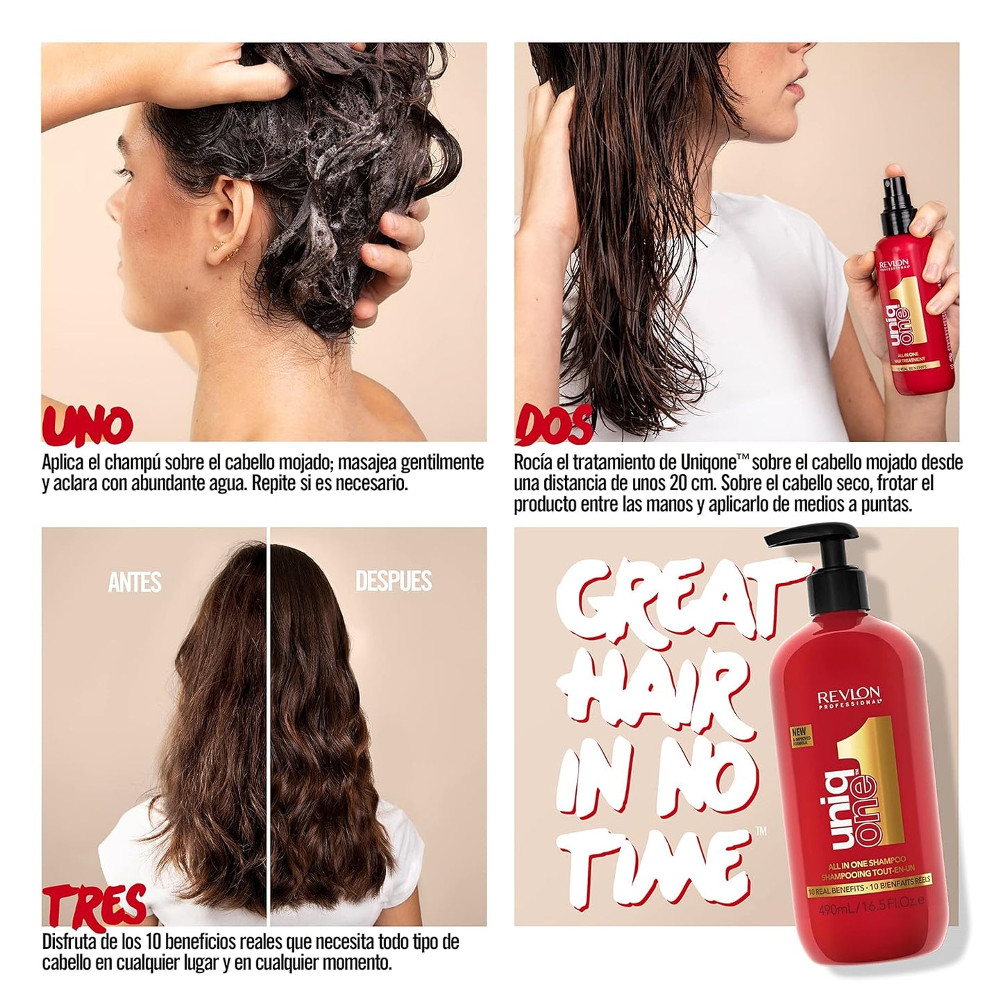 REVLON PROFESSIONAL UniqOne Champú y Acondicionador Pelo Todo en Uno, Tratamiento Hidratante para el Pelo, Repara Cabello Seco y Dañado, Desenredante y Control del Encrespamiento, 100ml