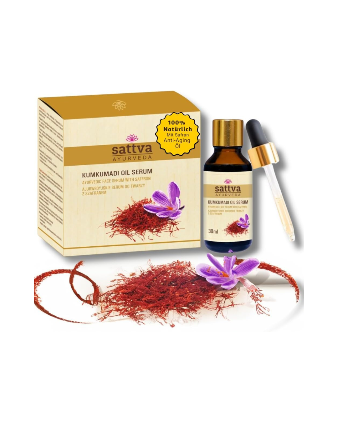 Sattva Ayurveda Kumkumadi Aceite-Sérum con Azafrán (30 ml) | Aceite facial ayurvédico iluminador para tono más uniforme