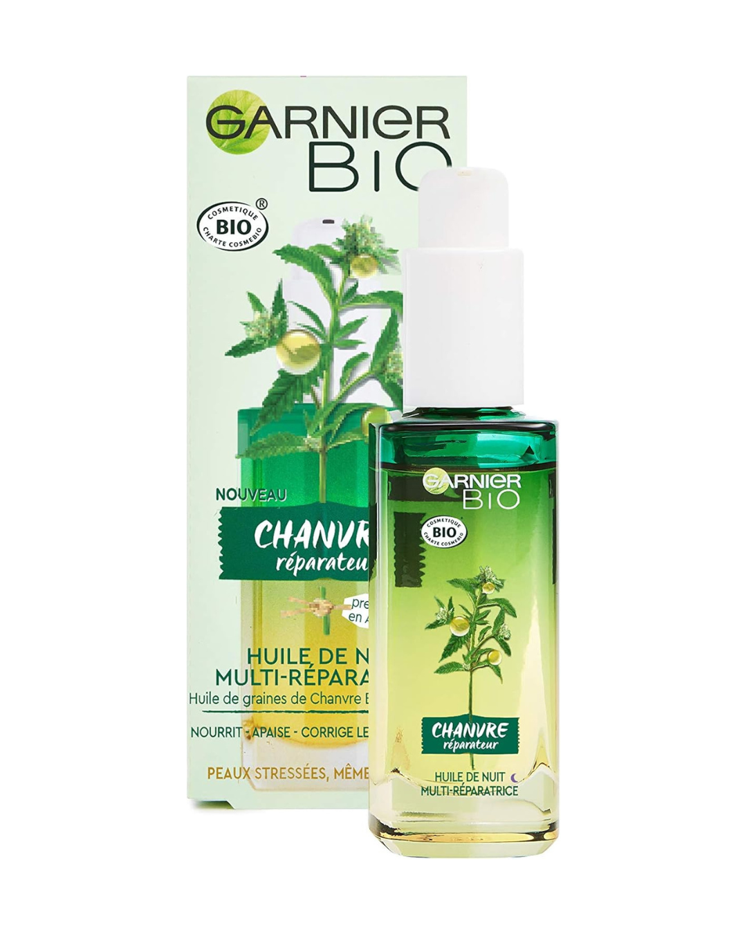Garnier Bio Aceite de Noche Multi-Reparador Facial con Cáñamo y Vitamina E para Pieles Estresadas y Sensibles 30 ml