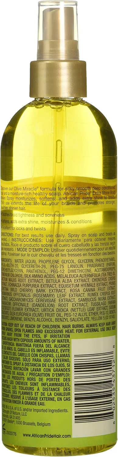 African Pride Braid Sheen – Spray de brillo extra para trenzas (355 ml) | Brillo, suavidad y confort del cuero cabelludo