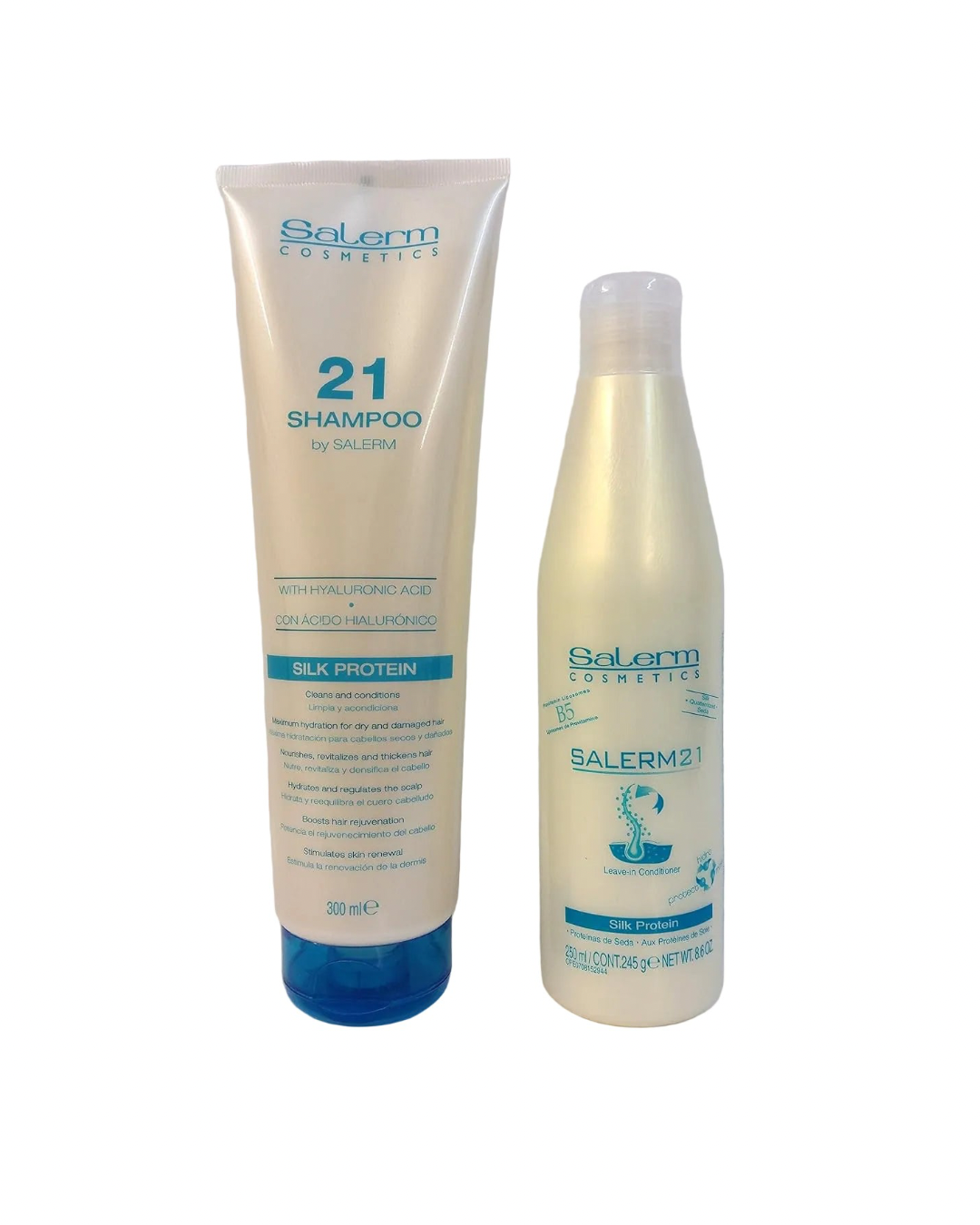 Pack Salerm 21 Champú con Ácido Hialurónico 300 ml + Acondicionador Sin Aclarado Silk Protein 250 ml Rutina Hidratante y Reparadora