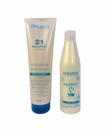 SALERM 21 - Pack Champú Ácido Hialurónico 300ml y Acondicionador sin Aclarado Silk Protein 250ml - Rutina Hidratante Reparadora Cabello Seco y Dañado