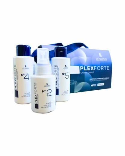 LENDAN - Plex Forte Carry-On Kit Champú Nº4 70 ml, Acondicionador Nº5 100 ml y Bond Filler Nº2 100 ml - Tamaño Viaje Apto para Equipaje de Mano
