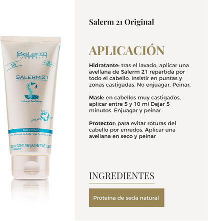 SALERM 21 - Silk Protein Acondicionador sin Aclarado con Proteína de Seda y Provitamina B5 200 ml (Pack 2) - Protege del Sol, Cloro y Salitre