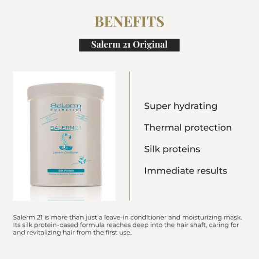 SALERM 21 - Silk Protein Acondicionador sin Aclarado con Proteína de Seda y Provitamina B5 1000 ml - Desenreda y Repara - Protege del Sol y el Cloro