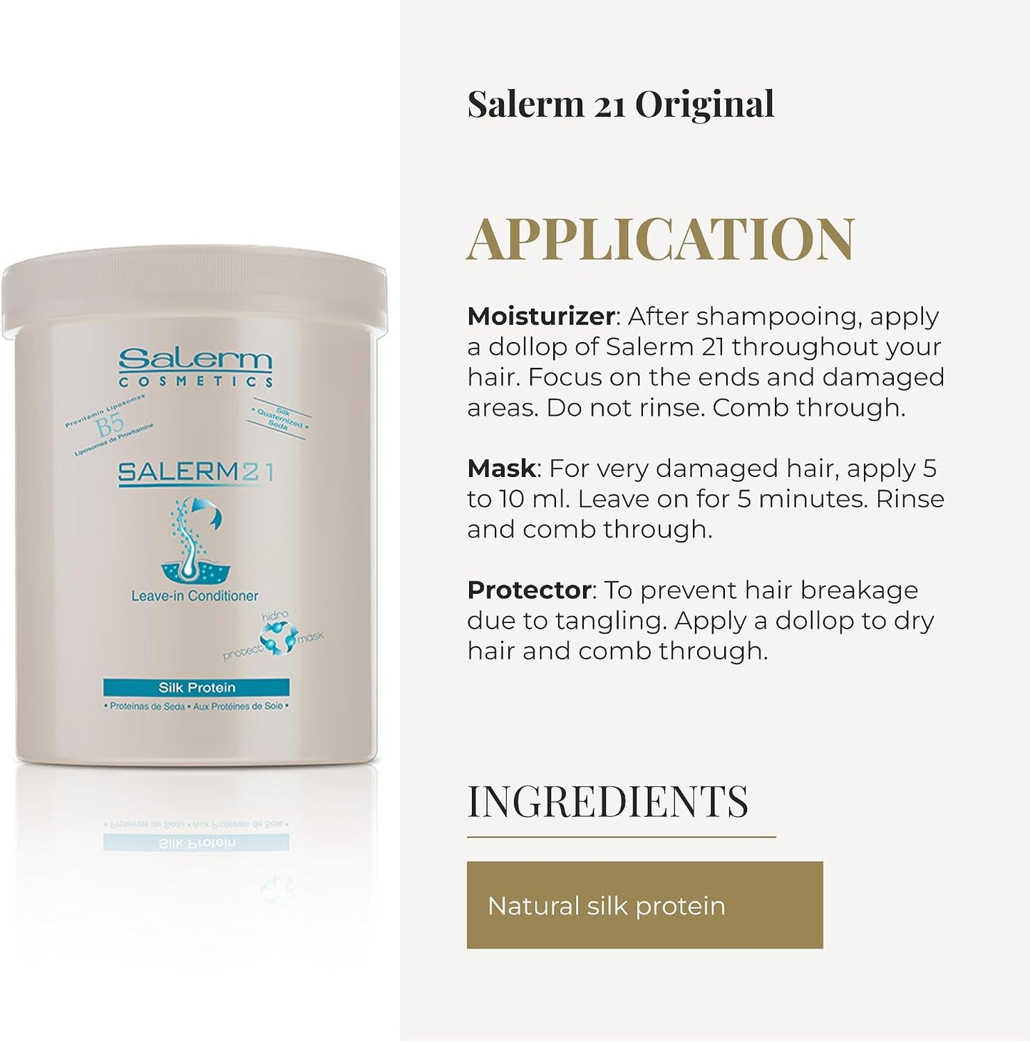 SALERM 21 - Silk Protein Acondicionador sin Aclarado con Proteína de Seda y Provitamina B5 1000 ml - Desenreda y Repara - Protege del Sol y el Cloro