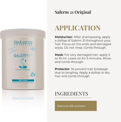 SALERM 21 - Silk Protein Acondicionador sin Aclarado con Proteína de Seda y Provitamina B5 1000 ml - Desenreda y Repara - Protege del Sol y el Cloro