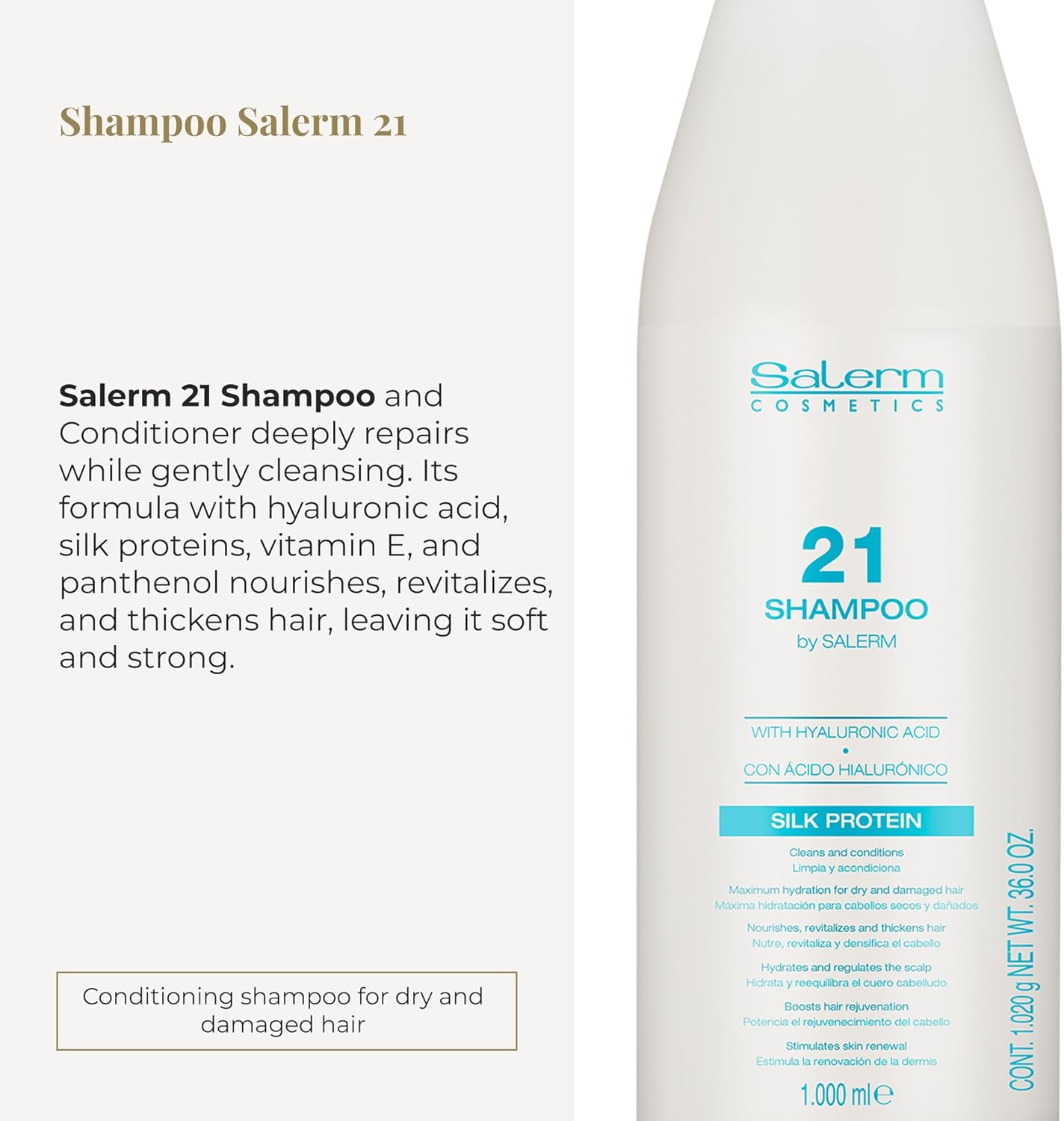 SALERM 21 - Silk Protein Champú Hidratante con Proteínas de Seda y Ácido Hialurónico 1000 ml - Repara y Redensifica al Lavar - Cabello Seco y Dañado
