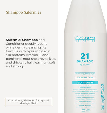 SALERM 21 - Silk Protein Champú Hidratante con Proteínas de Seda y Ácido Hialurónico 1000 ml - Repara y Redensifica al Lavar - Cabello Seco y Dañado