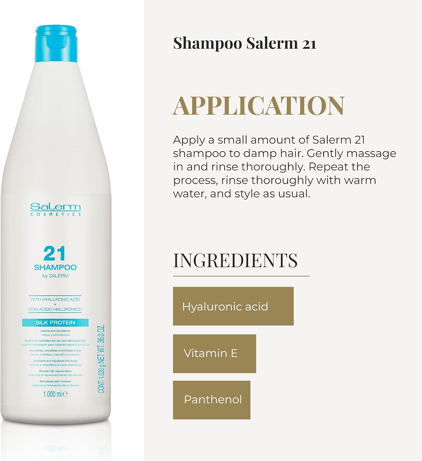 SALERM 21 - Silk Protein Champú Hidratante con Proteínas de Seda y Ácido Hialurónico 1000 ml - Repara y Redensifica al Lavar - Cabello Seco y Dañado