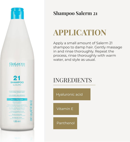 SALERM 21 - Silk Protein Champú Hidratante con Proteínas de Seda y Ácido Hialurónico 1000 ml - Repara y Redensifica al Lavar - Cabello Seco y Dañado