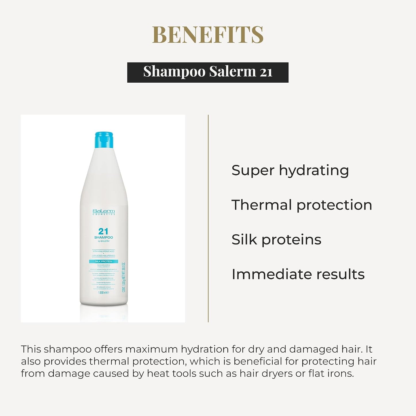 SALERM 21 - Silk Protein Champú Hidratante con Proteínas de Seda y Ácido Hialurónico 1000 ml - Repara y Redensifica al Lavar - Cabello Seco y Dañado