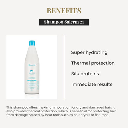 SALERM 21 - Silk Protein Champú Hidratante con Proteínas de Seda y Ácido Hialurónico 1000 ml - Repara y Redensifica al Lavar - Cabello Seco y Dañado