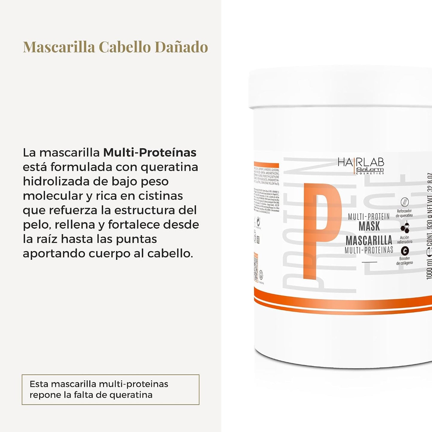 SALERM - Hair Lab Multi-Proteínas Mascarilla Fortalecedora con Queratina 1000 ml - Rellena el Cabello Dañado y Da Cuerpo a la Melena - Sin Parabenos