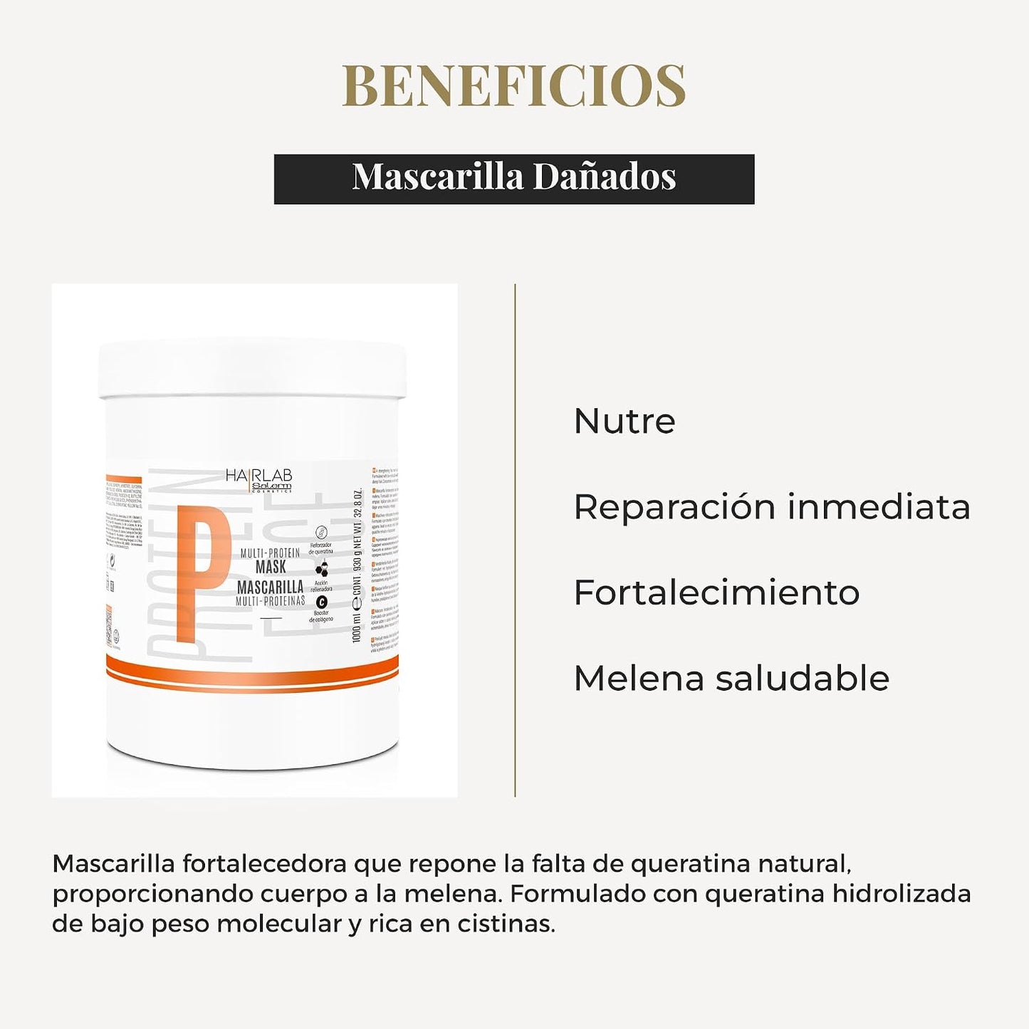 SALERM - Hair Lab Multi-Proteínas Mascarilla Fortalecedora con Queratina 1000 ml - Rellena el Cabello Dañado y Da Cuerpo a la Melena - Sin Parabenos