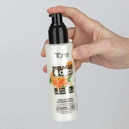 TAHE - Miracle Gold Crema de Peinado Antiencrespamiento con Queratina Argán y Manzanilla 100ml - Doma el Cabello Rebelde y el Frizz - Sin Aclarado