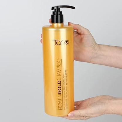 TAHE - Keratin Gold Champú Queratina Pura y Oro Líquido 1000 ml - Repara, Aporta Brillo, Suavidad y Volumen - Cabello Dañado, Teñido y Encrespado