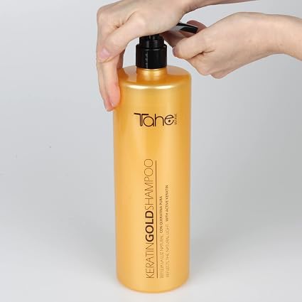 TAHE - Keratin Gold Champú Queratina Pura y Oro Líquido 1000 ml - Repara, Aporta Brillo, Suavidad y Volumen - Cabello Dañado, Teñido y Encrespado