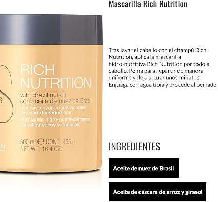 LENDAN - Rich Nutrition Mascarilla Hidronutritiva con Aceite de Nuez de Brasil 500 ml - Repara las Puntas Abiertas y Desenreda - Cabello Seco y Dañado