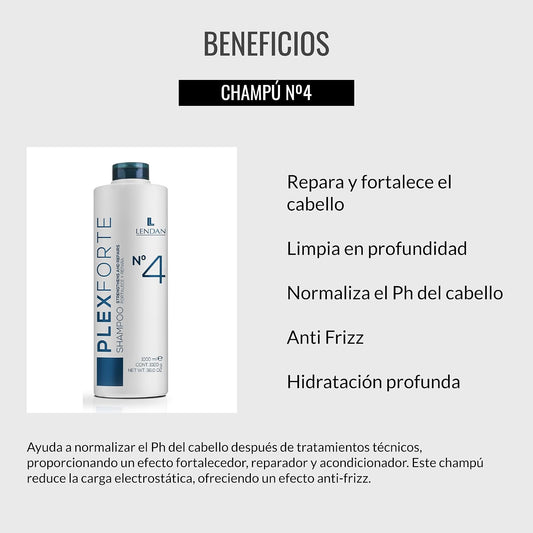 LENDAN - Plex Forte Nº4 Champú Reparador y Fortalecedor 1000 ml - Elimina Restos del Tinte y Normaliza el pH - Cabello Dañado, Teñido y Decolorado