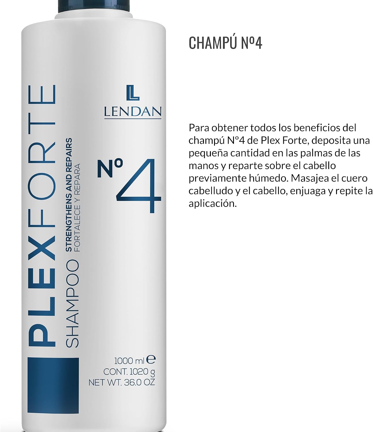 LENDAN - Plex Forte Nº4 Champú Reparador y Fortalecedor 1000 ml - Elimina Restos del Tinte y Normaliza el pH - Cabello Dañado, Teñido y Decolorado