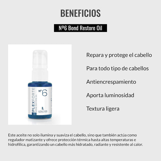 LENDAN - Plex Forte Nº6 Bond Restore Oil Aceite Capilar con Argán, Vitamina E y Monoï de Tahití 75 ml - Repara, Antirrotura y Protección Térmica 232º