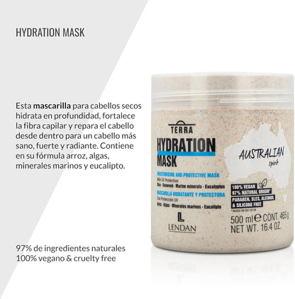 LENDAN - Terra Hydration Mask Mascarilla Hidratante con Filtro UV, Algas y Arroz 500 ml - Protege del Sol y Prolonga el Color - Cabello Seco y Dañado