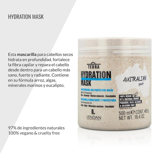 LENDAN - Terra Hydration Mask Mascarilla Hidratante con Filtro UV, Algas y Arroz 500 ml - Protege del Sol y Prolonga el Color - Cabello Seco y Dañado