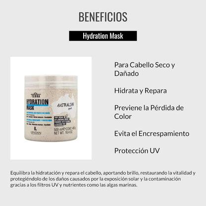 LENDAN - Terra Hydration Mask Mascarilla Hidratante con Filtro UV, Algas y Arroz 500 ml - Protege del Sol y Prolonga el Color - Cabello Seco y Dañado