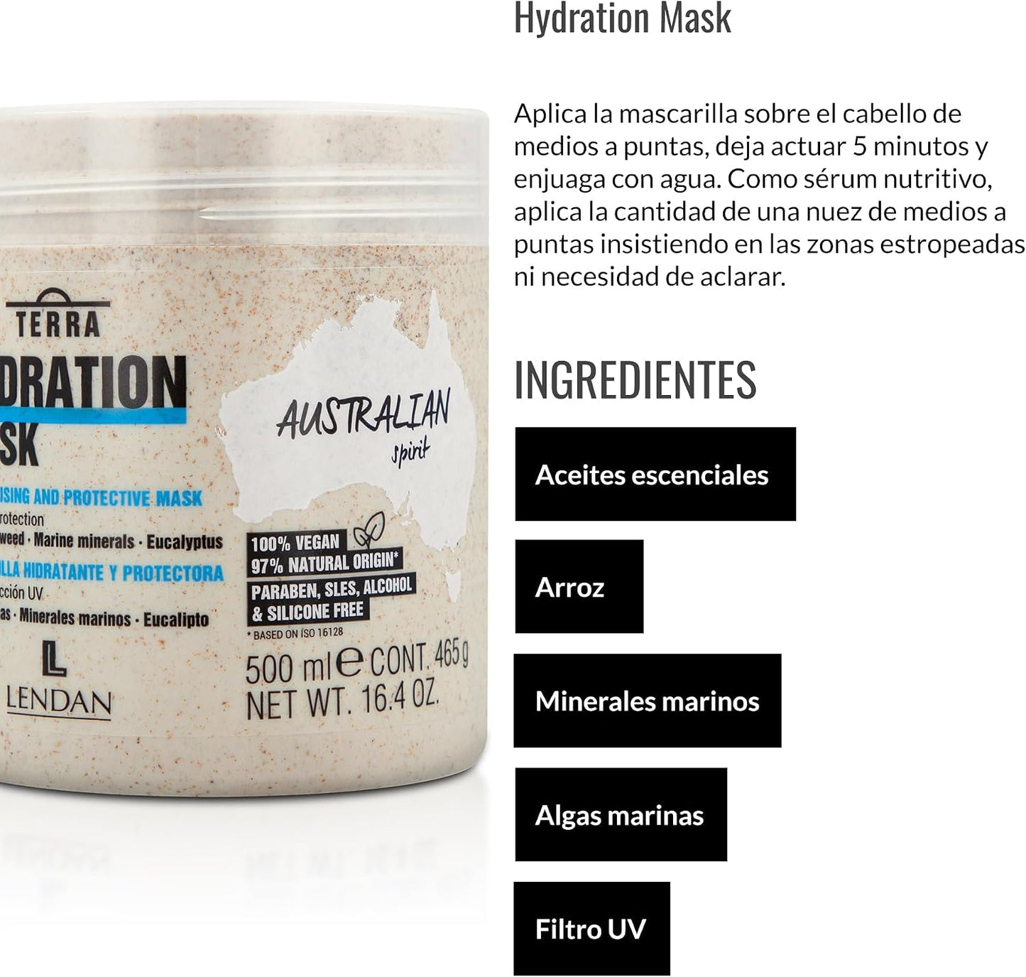 LENDAN - Terra Hydration Mask Mascarilla Hidratante con Filtro UV, Algas y Arroz 500 ml - Protege del Sol y Prolonga el Color - Cabello Seco y Dañado