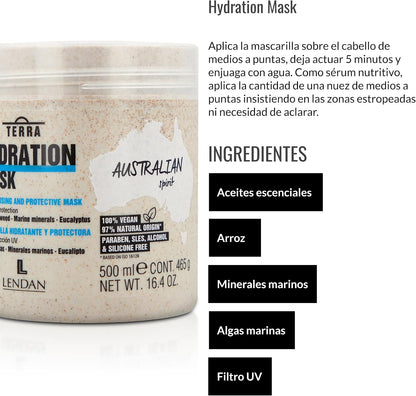 LENDAN - Terra Hydration Mask Mascarilla Hidratante con Filtro UV, Algas y Arroz 500 ml - Protege del Sol y Prolonga el Color - Cabello Seco y Dañado