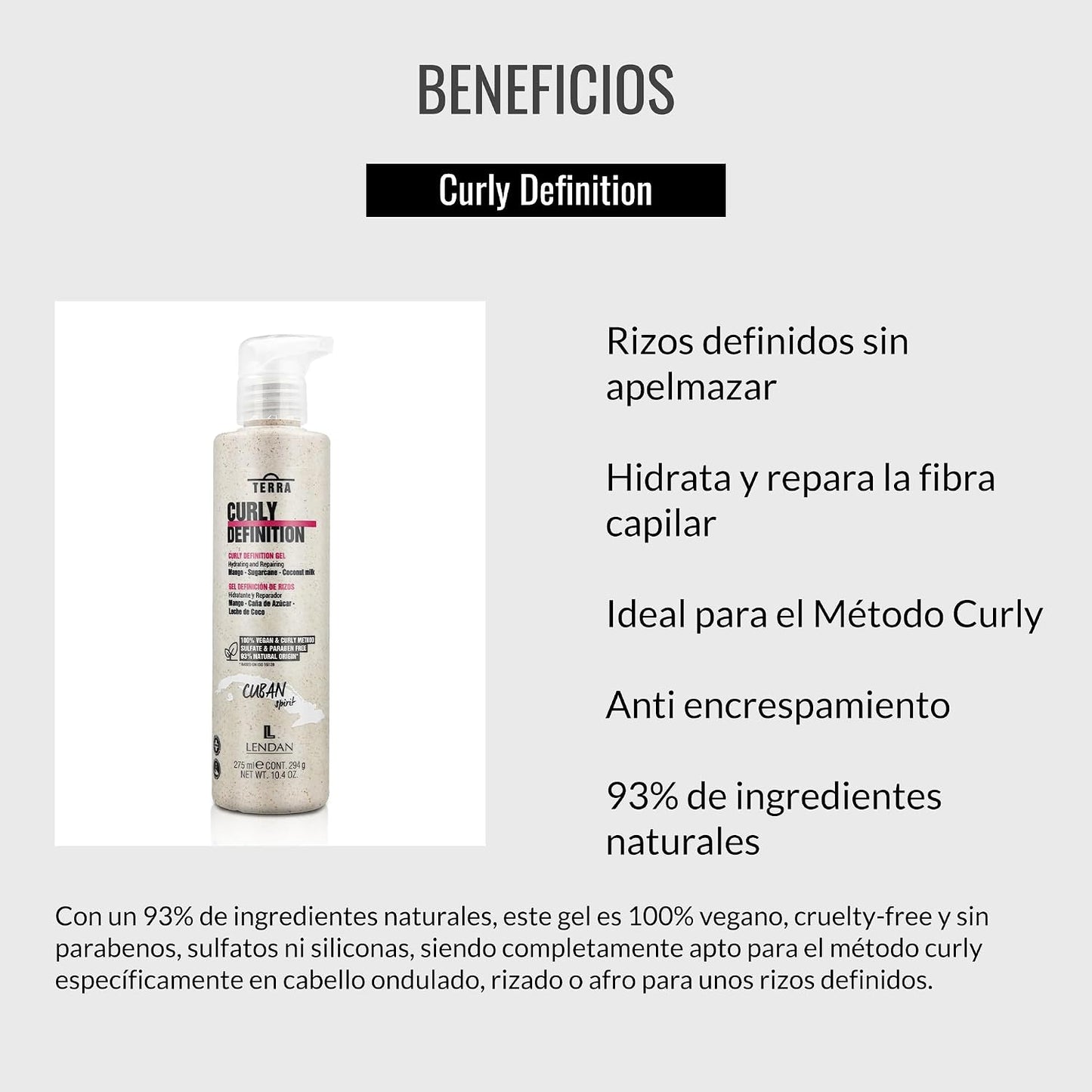 LENDAN - Terra Curly Definition Gel Definidor de Rizos Método Curly 275 ml - Define sin Apelmazar ni Encrespar - Mango, Caña de Azúcar y Coco