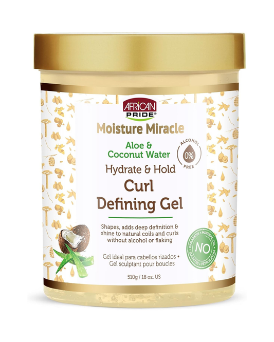 African Pride Moisture Miracle Hydrate & Hold - Gel definidor de rizos para cabello rizado y rizado, controla el encrespamiento, hidrata, define bobinas y rizos, sin escamas (Agua de Coco y Aloe Vera) 18 onzas