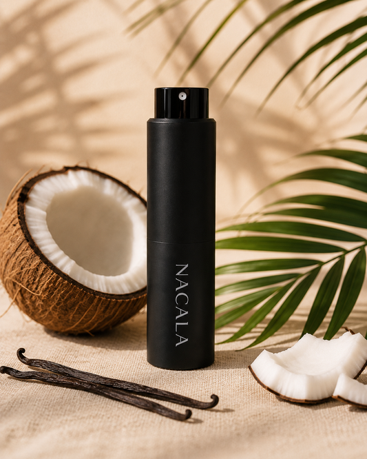 Ambientador de Coche Coco NACALA 20ml | Frasco de aluminio recargable | Aroma de coco para coche, armario y espacios pequeños
