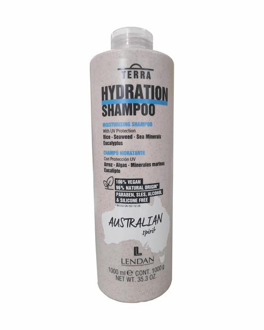 LENDAN - Terra Hydration Shampoo Champú Hidratante con Protección UV 1000 ml - Cabellos Secos y Encrespados - con Algas, Arroz y Minerales Marinos - Repara y Protege del Sol