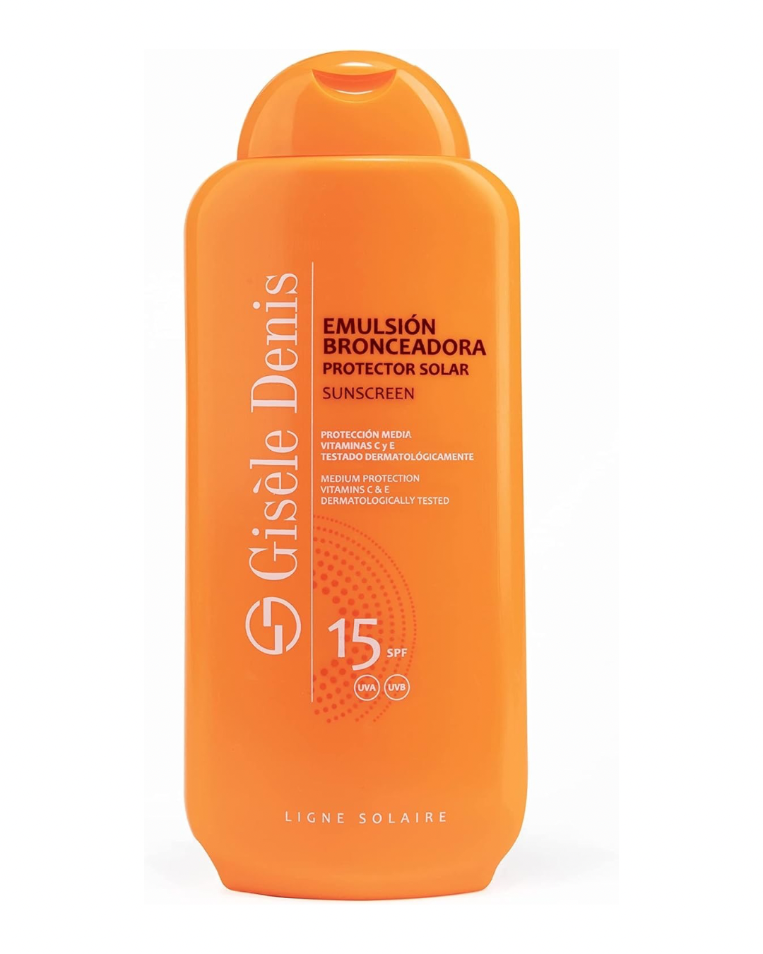 GISÈLE DENIS - Protector Solar, 400 ml, Protección FPS15, Emulsión Bronceadora, Cuidado de Piel, Crema Solar, Hidrata la Piel, Resistente al Agua, para Uso Diario, Previene Manchas y Arrugas