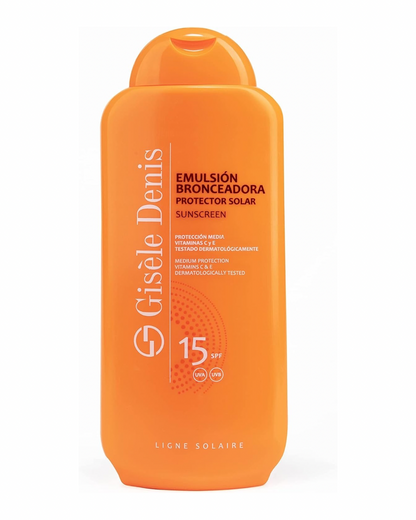 GISÈLE DENIS - Protector Solar, 400 ml, Protección FPS15, Emulsión Bronceadora, Cuidado de Piel, Crema Solar, Hidrata la Piel, Resistente al Agua, para Uso Diario, Previene Manchas y Arrugas