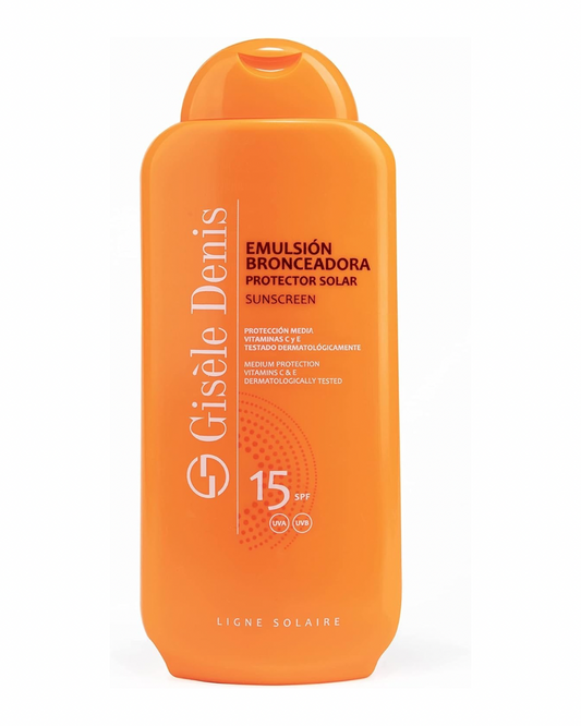 GISÈLE DENIS - Protector Solar, 400 ml, Protección FPS15, Emulsión Bronceadora, Cuidado de Piel, Crema Solar, Hidrata la Piel, Resistente al Agua, para Uso Diario, Previene Manchas y Arrugas