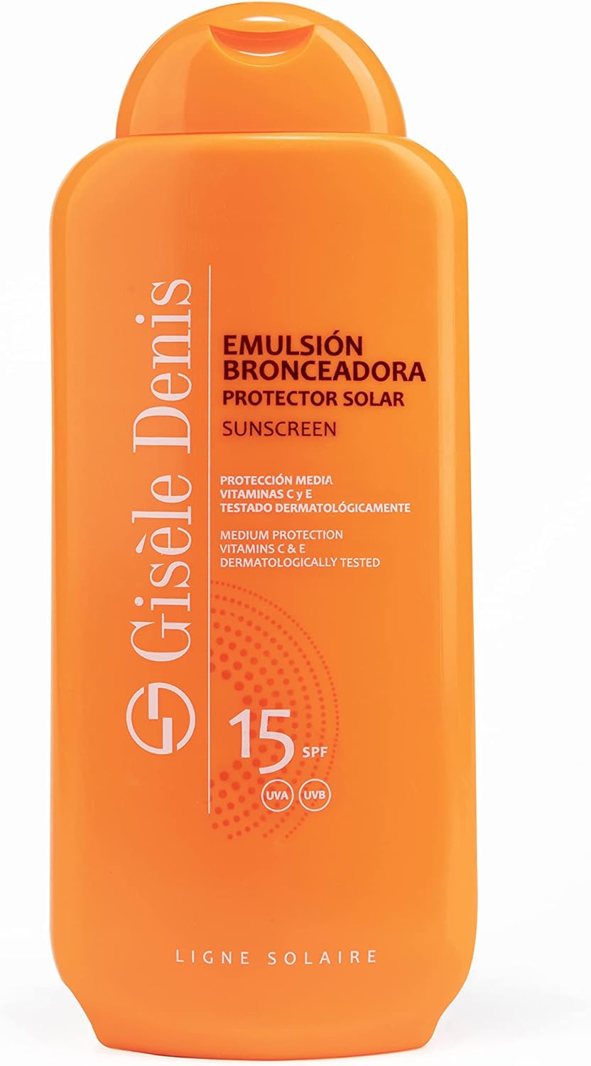 GISÈLE DENIS - Protector Solar, 400 ml, Protección FPS15, Emulsión Bronceadora, Cuidado de Piel, Crema Solar, Hidrata la Piel, Resistente al Agua, para Uso Diario, Previene Manchas y Arrugas