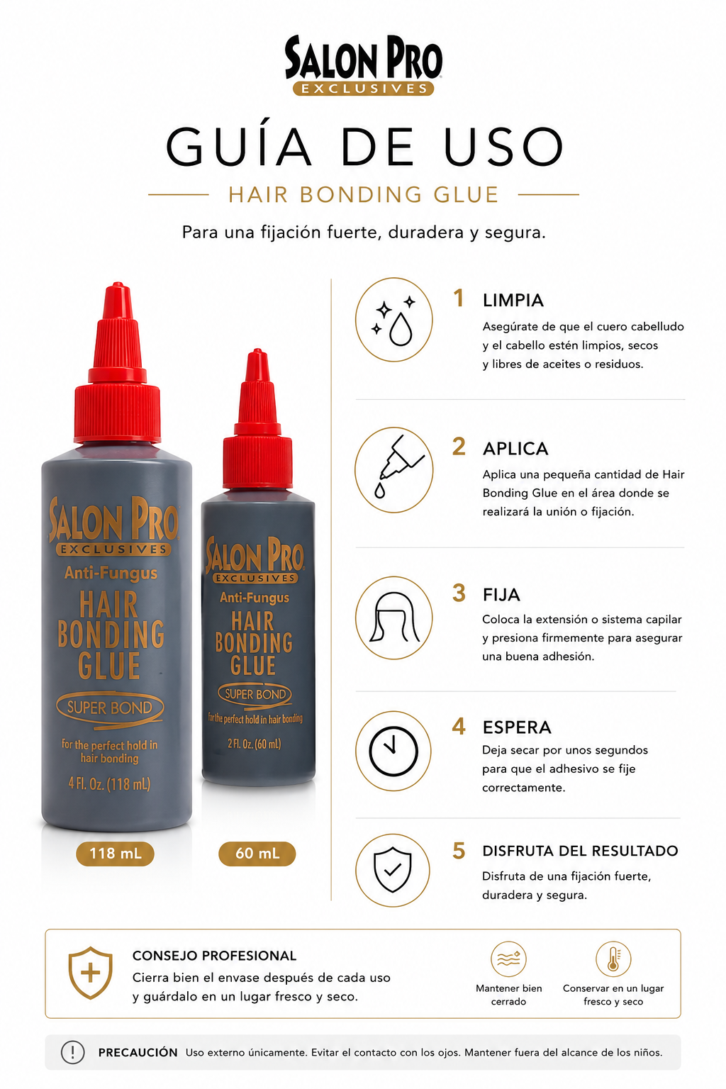 SALON PRO - Pegamento Capilar Negro y Transparente 60 y 118 ml - Fijación Extra Fuerte en 30 Segundos - Extensiones, Trenzas y Pelucas - Anti-Fungus