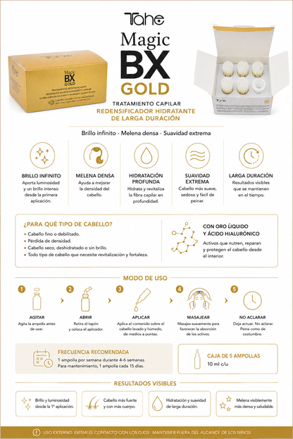 TAHE - Magic BX Gold Tratamiento Redensificador 5 Ampollas x 10ml - Rellena la Fibra Capilar, Aporta Densidad y Grosor - Cabello Fino y Debilitado