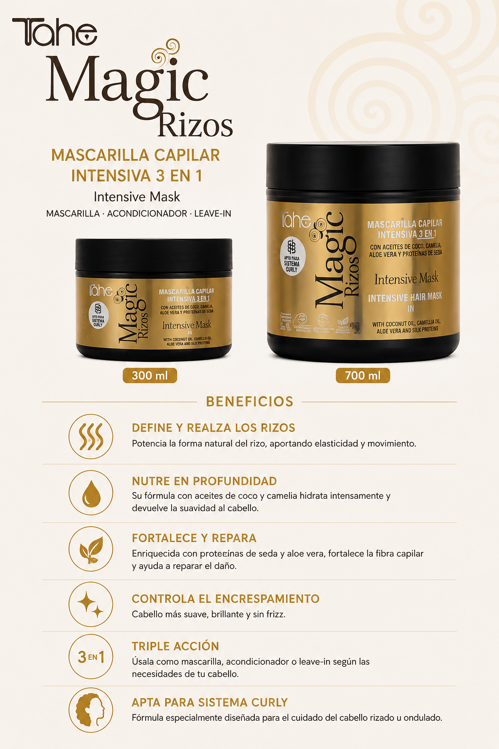 TAHE - Magic Rizos Mascarilla Intensiva 3 en 1 Método Curly 300 y 700 ml - Hidrata, Define y Controla el Frizz - Acondicionador y Leave-in
