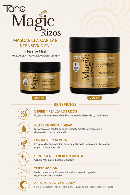 TAHE - Magic Rizos Mascarilla Intensiva 3 en 1 Método Curly 300 y 700 ml - Hidrata, Define y Controla el Frizz - Acondicionador y Leave-in
