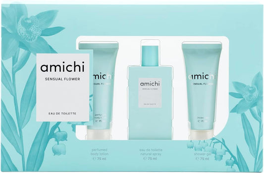 Set de Perfume Mujer Amichi Sensual Flower – Estuche 3 Piezas (EDT 75 ml + Gel de Baño 75 ml + Body Lotion 75 ml) | Floral oriental afrutado con almendra y vainilla