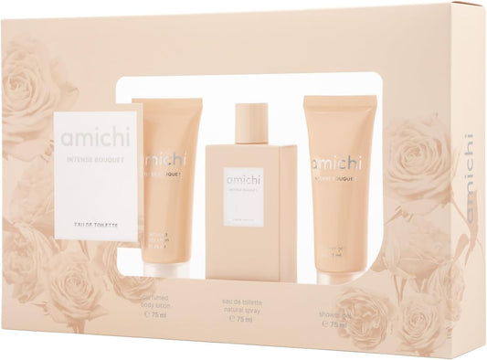 Set de Perfume Mujer Amichi Intense Bouquet – Estuche 3 Piezas (EDT 75 ml + Gel de Ducha 75 ml + Loción Corporal 75 ml) | Aroma floral con toque verde y vainilla